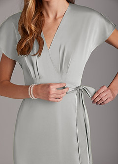 Azazie Nico Bridesmaid Dresses Silver A-Line V-Neck Stretch Satin Dress image7