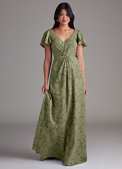 Azazie Soren Final Sale Pistachio A-Line Pleated Floral Burnout Dress image1