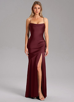 Azazie Grata Bridesmaid Dresses Cabernet Sheath Side Slit Stretch Satin Dress image3