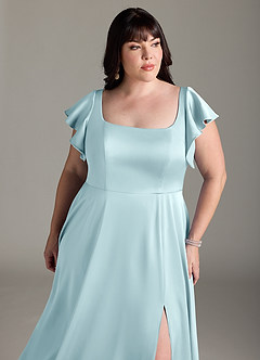 Azazie Bondi Bridesmaid Dresses Cloud Blue A-Line Bow Stretch Satin Dress image11