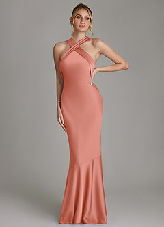 Azazie Reign Bridesmaid Dresses Salmon Pink Mermaid Pleated Stretch Satin Dress image4