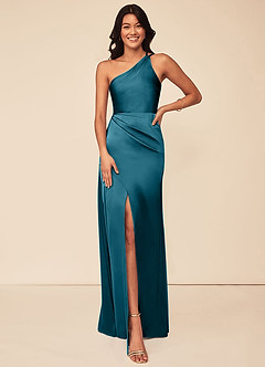 Azazie Maron Bridesmaid Dresses Ink Blue A-Line One Shoulder Stretch Satin Dress image1