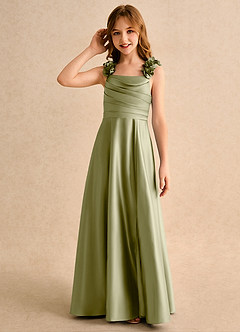 Azazie Rosita Girls Formal Robe Demoiselle D'honneur Fillette Robe Trapèze en Mat Satiné Plissée Vert Mousse image6