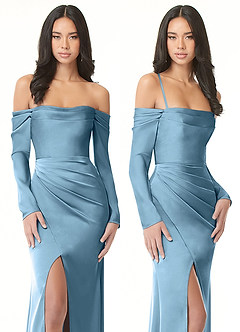 Azazie Hallie Vestidos de damas de honor Vestido de Azul Acero de Satén Elástico de Corte Recto Convertible con Manga larga con hombros descubiertos image9