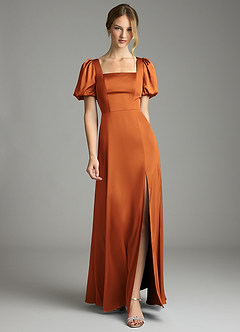 Azazie Fyona Bridesmaid Dresses Cinnamon A-Line Pleated Stretch Satin Dress image1