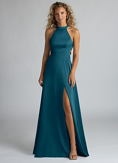 Azazie Clarice Bridesmaid Dresses Ink Blue A-Line High Neck Stretch Satin Dress image4