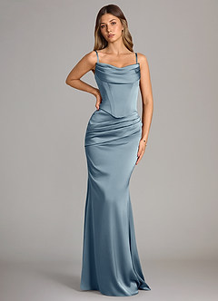 Azazie Sorrel Jurken voor bruidsmeisjes Converteerbaar Jurk van Stretch Satijn met Zeemeermin Strapless Stoffig Blauw image6