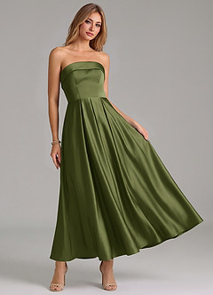 Azazie Lucienne Bridesmaid Dresses Olive A-Line Pleated Stretch Satin Dress image7