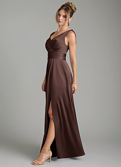 Azazie Karina Bridesmaid Dresses Ganache A-Line Pleated Stretch Satin Dress image3