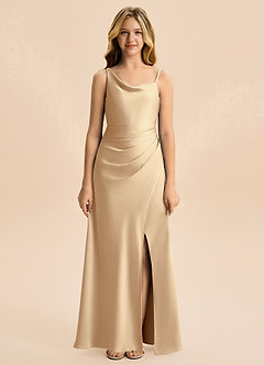 Azazie Abby Junior Champagne A-Line Pleated Stretch Satin Dress image5