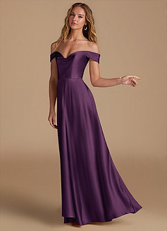 Azazie Jackalin Bridesmaid Dresses Plum A-Line Off the Shoulder Metallic Satin Convertible Dress image3