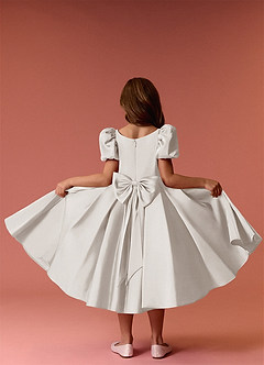 Barbie ♥ Azazie Puff Sleeve Bow Box Pleat Stretch Satin Dress | Azazie