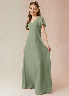 Azazie Induh Junior A라인 러칭 쉬폰 플로어 기장 주니어 브라이즈메이드 드레스 image3