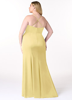 Azazie Marzia Vestidos de damas de honor Vestido de Sorbete De Limón de Satén Elástico de Corte Recto con Cuello V Plisado image8