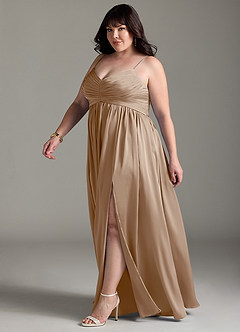 Azazie Alia Bridesmaid Dresses Taupe A-Line Pleated Stretch Satin Dress image13