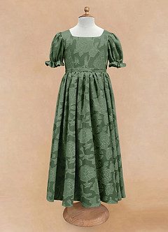 Azazie Joss Robe Demoiselle D'honneur Fillette Robe Trapèze en Blumen-Burnout avec manches Eucalyptus image4