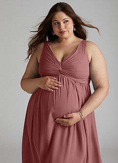 Azazie Yetta Maternity Bridesmaid Dresses A-Line V-Neck Gathered Chiffon Floor-Length Dress image8