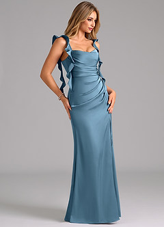 Azazie Jessamine Bridesmaid Dresses Steel Blue A-Line Corset Stretch Satin Dress image4