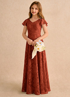 Azazie Narin Girls Formal Flower Girl Dresses Auburn A-Line with Sleeves Floral Burnout Dress image4