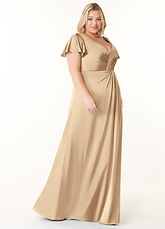 Azazie Soren Bridesmaid Dresses Champagne A-Line Pleated Stretch Satin Dress image10
