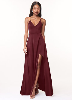 Azazie Maksim Bridesmaid Dresses Cabernet A-Line V-Neck Stretch Satin Dress image1
