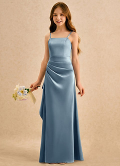 Azazie Cannoli Girls Formal Blomsterpigekjoler A-Line Plisseret Stræk satin Gulv-længde Kjole image3
