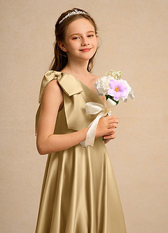 Azazie Guppy Girls Formal Flower Girl Dresses Gold A-Line One Shoulder Matte Satin Dress image6