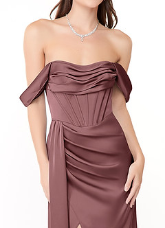 Azazie Amyra Bridesmaid Dresses Vintage Mauve Sheath Off the Shoulder Stretch Satin Convertible Dress image9