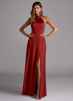 Azazie Myra Robes de demoiselle d'honneur Robe Trapèze en Satin extensible Fente Latérale Grenade image3
