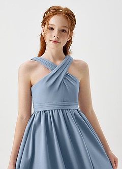 Azazie Jiya Junior Dusty Blue A-Line Pleated Stretch Crepe Dress image3