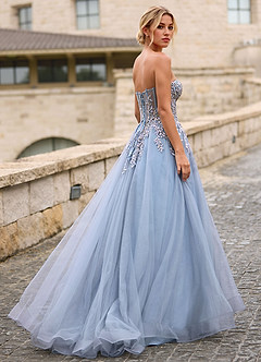 Celeste Azul Polvoriento Vestido de graduación de encaje transparente con pedrería image7