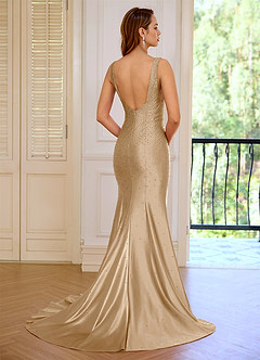 Marina Champagne Wrinkle Deep V-neck Mermaid Prom Dress image2
