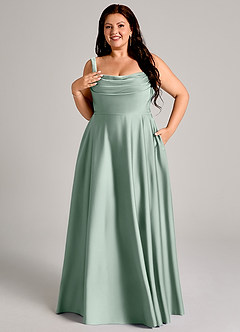 Azazie Shaude Bridesmaid Dresses Agave A-Line Pleated Stretch Satin Dress image12