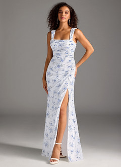 Azazie Jesaphine Bridesmaid Dresses Blue Cottage Floral Sheath Bow Chiffon Dress image6