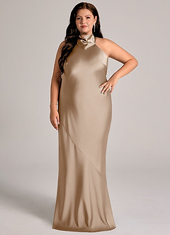 Azazie Velli Abiti da Damigella Abito Sirena in Raso Elasticizzato Collo Alto Taupe image8