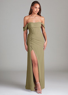 Azazie Amyra Abiti da Damigella Abito Convertibile Tubino in Chiffon a Spalla Scoperta Verde Muschio image4