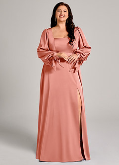 Azazie Leonia Bridesmaid Dresses Coral A-Line Long Sleeve Stretch Satin Dress image12