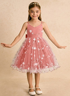 Azazie Junebug Flower Girl Dresses Salmon Pink Ball-Gown Spaghetti Strap Tulle Dress image3