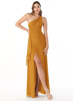 Azazie Maive Bridesmaid Dresses Butterscotch Sheath Pleated Ruffle Chiffon Dress image1