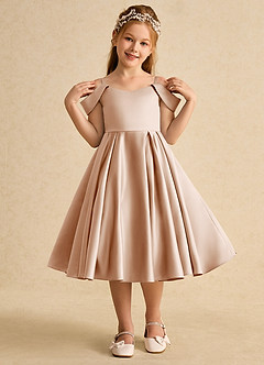 Azazie Favia Flower Girl Dresses English Rose A-Line Off the Shoulder Matte Satin Dress image4