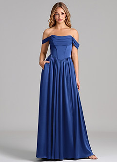 Azazie Raisa Bridesmaid Dresses Royal Blue A-Line Off the Shoulder Stretch Satin Dress image1