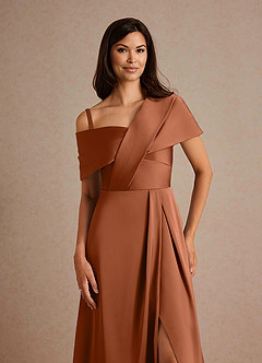 Azazie Milton At-home Try On Dresses Copper A-Line Pleated Stretch Satin Dress image3