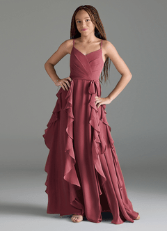 Azazie Peyton Junior Merlot A-Line V-Neck Cascading Ruffles Chiffon Dress image1