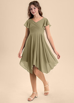 Azazie Janeaurelia Junior Abito A-Line in Chiffon Plissettato Verde Muschio image3