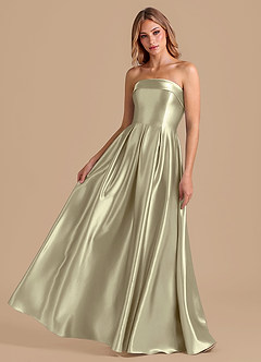 Azazie Lucienne Bridesmaid Dresses Moss Green A-Line Pleated Metallic Satin Dress image1
