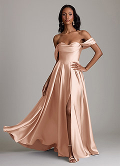 Azazie Loisa Abiti da Damigella Abito A-Line in Raso Elasticizzato a Spalla Scoperta Oro Rosa image1