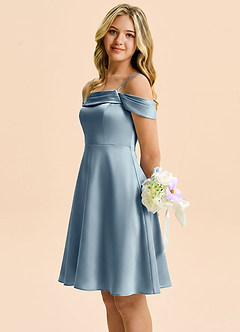 Azazie Anselie Junior Dusty Blue A-Line Off the Shoulder Stretch Satin Dress image6