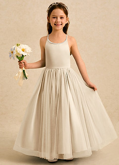 Azazie Aurora Blumenmädchenkleider A-Linie Schleifen Tüll Kleid Champagner image3
