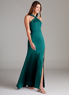 Azazie Rue Bridesmaid Dresses Peacock A-Line Pleated Stretch Satin Dress image4