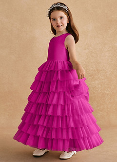 Azazie Twinkle Toes vestidos de niña de las flores Vestido de Fucsia de Tul de Corte En A con Lazo image4